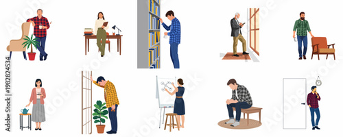 Collection of diverse people in daily life and work situations flat vector illustration set