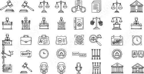 Legal Icons Set: Gavel, Scales of Justice, Courtroom, Fingerprint, Law Book, Witness Stand, Calendar, Verdict