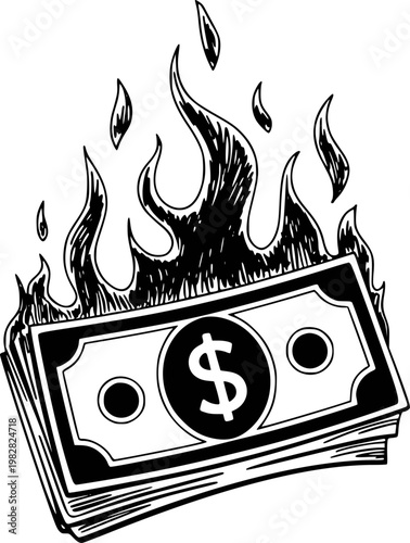 Hand Drawn Stack of Burning Dollar Bills with Flames and Dollar Sign money fire