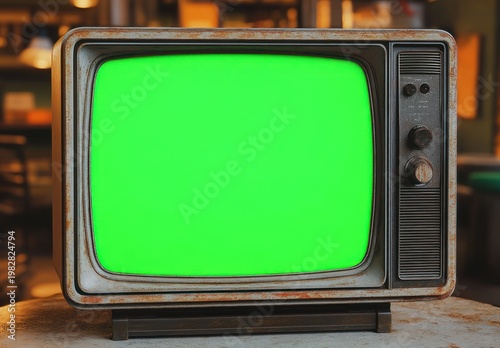 rusty vintage television with bright green chroma screen and manual knobs on a table in a warm blurred interior, nostalgic and slightly eerie