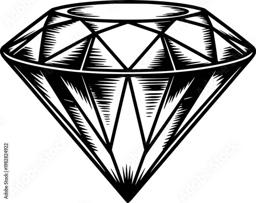 Black and white woodcut style diamond gemstone faceted precious stone jewel luxury