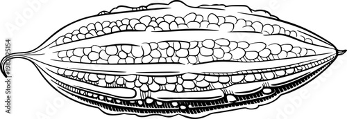 Detailed black and white line of a bitter melon a white background, gourd vegetable