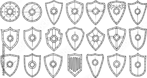 Tableau sur toile Collection of Hand-Drawn Medieval Shields and Crests in Line Art