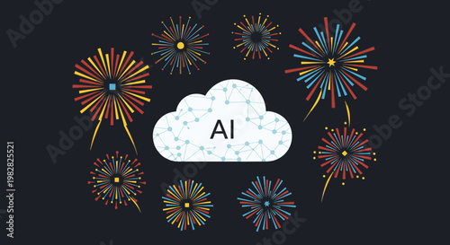 AI cloud computing concept with colorful fireworks on black background