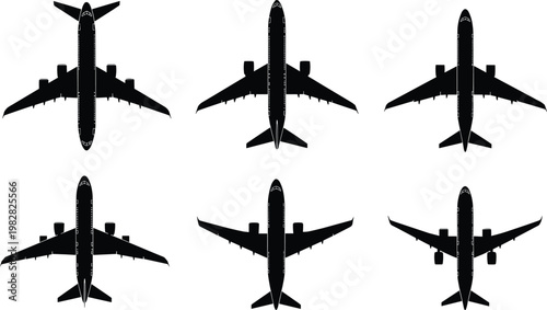 Airplane top view silhouettes collection vector illustration aircraft icons set isolated for aviation travel transport design projectst