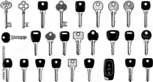 Diverse Collection of Vintage and Modern Keys, Flat Design Icons