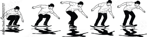 Black and white silhouette sequence of skateboarder performing ollie trick showing motion, balance, and dynamic street sport