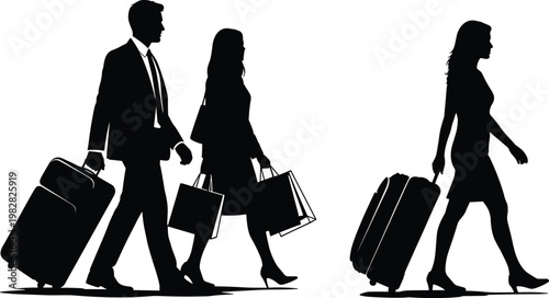 Black silhouettes of people walking with luggage and bags, business travelers commuting, airport travel and transportation concept