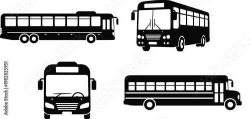 Bus silhouettes collection with front side and perspective views vector illustration public transport vehicle icons isolated for design