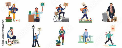 Collection of diverse environmental activists and climate change protesters holding signs and advocating for planet earth protection, isolated on white background.