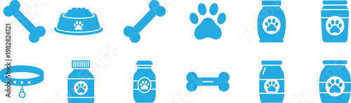 Blue silhouette icons pet supplies and accessories collection for animals