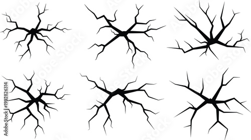 Cracked ground vector set, abstract fracture and broken surface shapes isolated on white background for damage and texture design