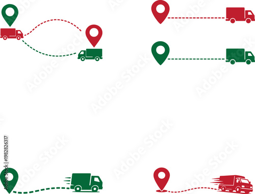 Delivery truck route illustration with pickup drop pins logistics transport tracking vector set.