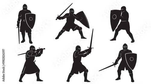Knight warrior silhouette set with shields, swords, and spears for medieval combat poster design featuring shield icon, spear fighter, battle stance