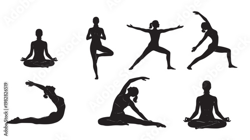 Yoga poses silhouette set with black standing, balancing, and seated meditation figures on white background