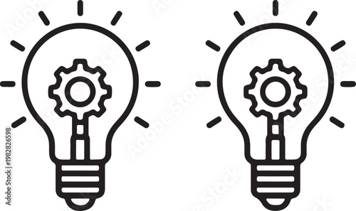 Two lightbulbs with gear-inspired filaments symbolizing innovation and ideas