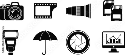 Photography equipment icons set including camera lens film memory cards flash umbrella aperture and analytics monitor vector illustration