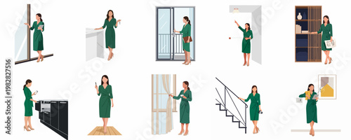 Set of illustrations depicting a female real estate agent or interior designer performing various professional tasks in modern home environments.