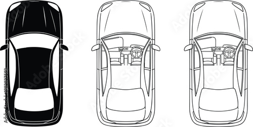 Top view car interior and exterior vector set, detailed automobile outline with dashboard and seats isolated on white background