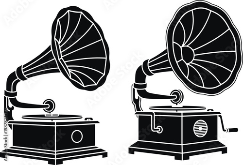 Vintage gramophone vector illustration set, classic phonograph with horn speaker antique music player isolated on white background