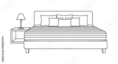 Minimalist bedroom outline drawing with bed nightstand and lamp