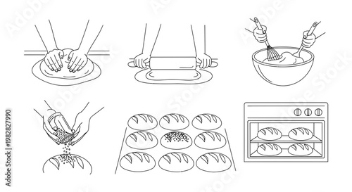 Baking bread process icons showing kneading rolling mixing and oven