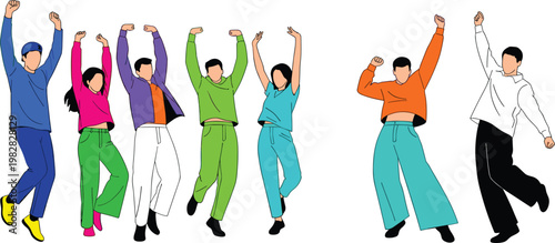 Set of Cartoon Illustrations of People Dancing in Colorful Outfits for Music, Dance, and Fun Lifestyle Designs