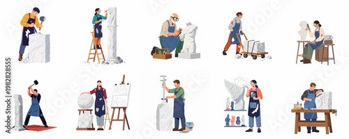 Professional Sculptors at Work Illustration Set Featuring Male and Female Artists Carving Marble Statues and Blocks with Hand Tools.