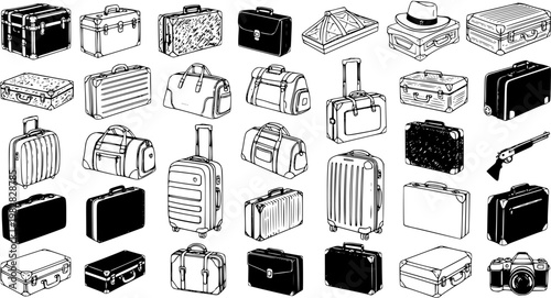 Diverse Collection of Vintage Luggage and Travel Bags, Sketch Art
