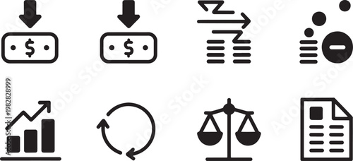 A set of financial icons representing monetary transactions and economic processes, including money entering a rectangle, money transfer arrows, stacks of coins, currency symbols, a graph, a circular.