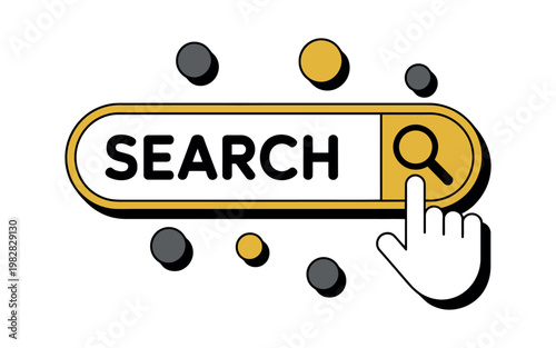 A cartoon hand clicking a search bar with a magnifying glass icon nearby online