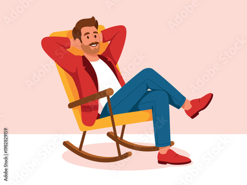 A smiling man relaxing in a yellow rocking chair with his hands behind his head