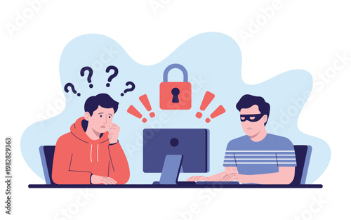 Two men sitting at a desk with a computer and concerned expressions online security