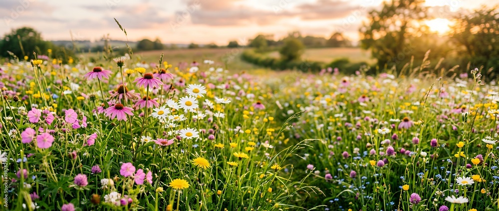 Obraz premium Wildflowers Meadow at Sunset ? Floral Field with Daisies and Golden Hour Light