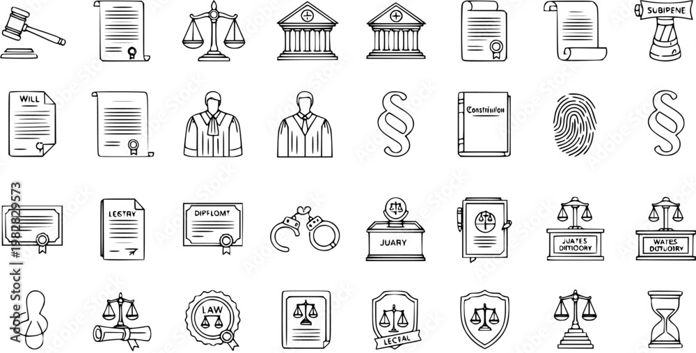 Wall Mural Hand-drawn doodle style law and justice icons set