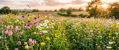 Wildflowers Meadow at Sunset ? Floral Field with Daisies and Golden Hour Light