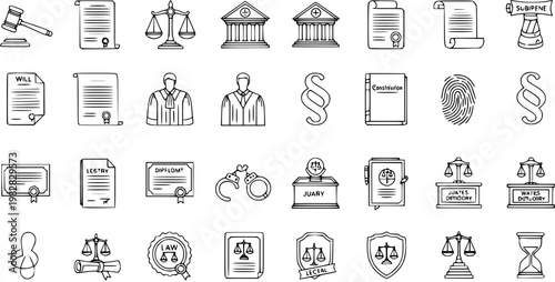 Hand-drawn doodle style law and justice icons set. Collection of legal symbols like gavel, scales, court, judge, documents, handcuffs, fingerprint, constitution, and more.