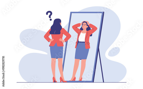 A cartoon woman looks confused while standing in front of a mirror with a question mark
