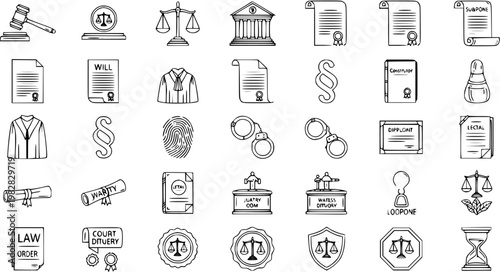 Legal Icons Collection: Gavel, Scales of Justice, Courtroom, Law Documents, Handcuffs, Fingerprint, Hourglass, and More