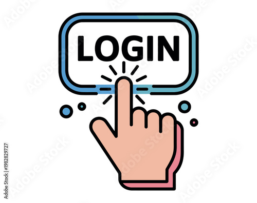 A cartoon hand clicking on a login button with a blue border and black text