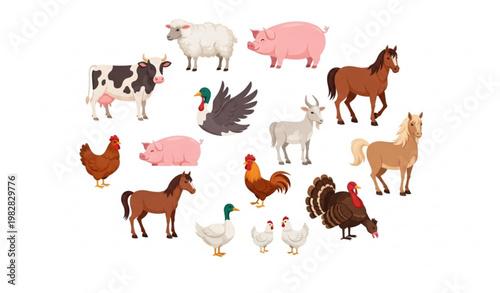 Farm animal collection with birds livestock and cartoon countryside pets vector