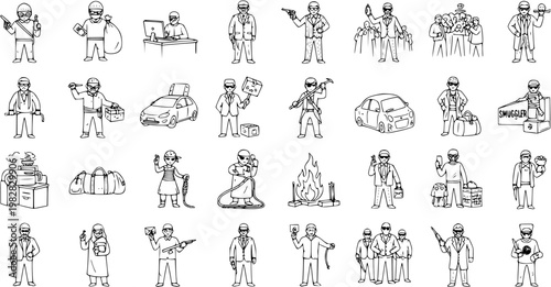 Black and White Line Drawings of Figures, Vehicles, and Objects Representing Smuggling and Illegal Activities