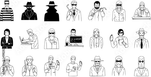 Collection of Black and White Line Art Icons Representing Various Characters and Professions