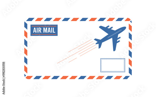 A blue airplane flies across a vintage airmail envelope with a red and blue border