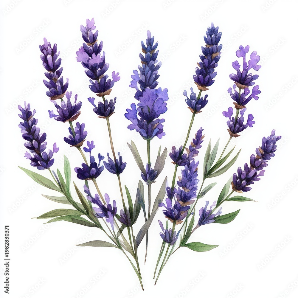 Obraz premium watercolor bouquet of lavender sprigs with purple blossoms and green leaves, delicate and calming