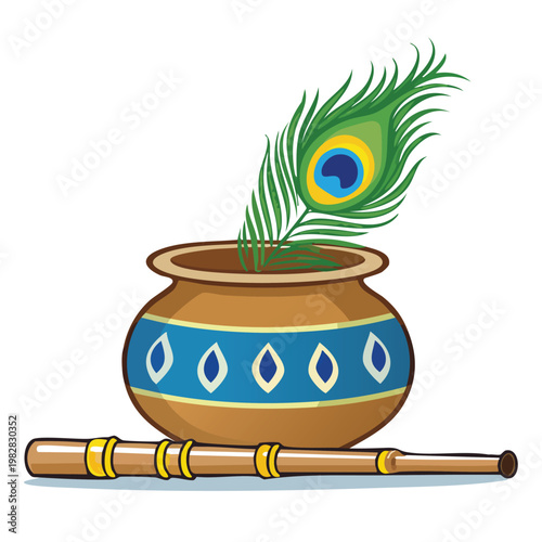 Cartoon illustration of a decorative pot with a peacock feather and flute