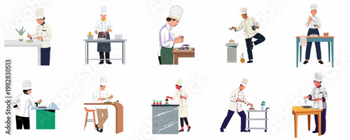 Collection of professional chefs in white uniforms plating and preparing gourmet dishes in various restaurant kitchen settings, flat vector illustration style.