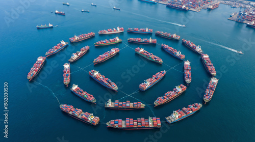 Aerial view of multiple container ships arranged in a circular formation representing global logistics supply chain management maritime trade and international cargo transportation network system