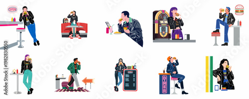 Illustration set of young people wearing leather jackets and eating burgers in retro American-style diner settings with jukeboxes and neon lights.
