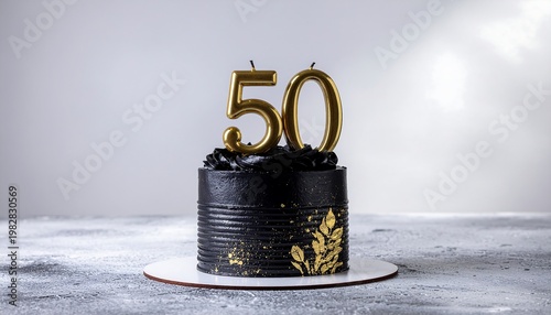 Sophisticated black cake with golden '50' candles, ideal for a milestone celebration